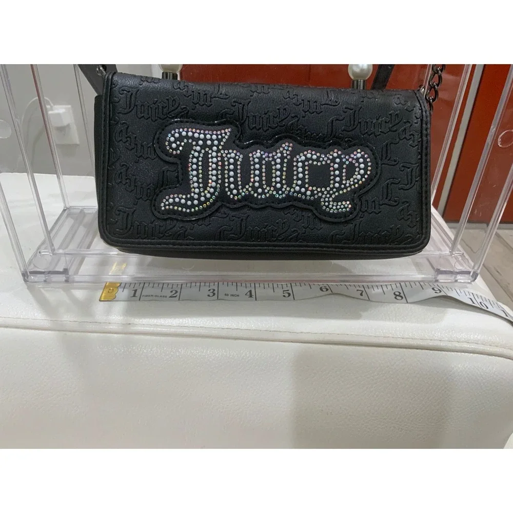 Juicy Couture Black Embossed Pearl Handle Rhinestone Logo Crossbody Bag Wallet